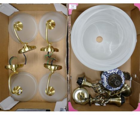 Two brass and glass ceiling lights: four wall lights and a mosaic blue glass ceiling light (2 trays)