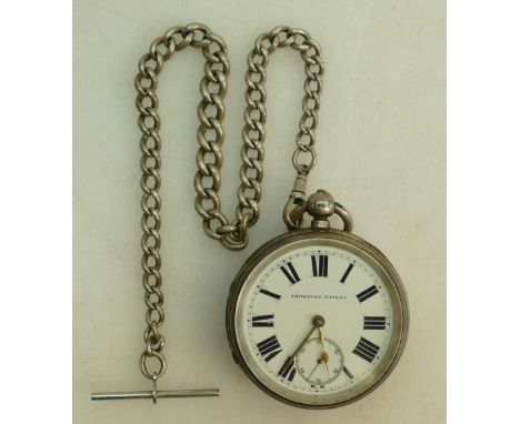 Silver gents pocket watch, not working, together with silver watch chain, showing some wear:
