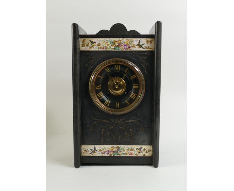 Unusual Black Slate Mantel Clock: Clock with floral tile inserts, height 32cm.