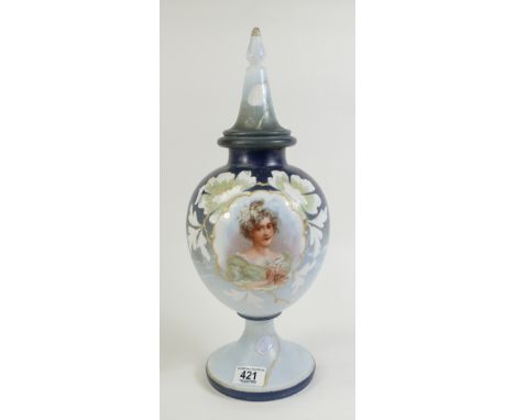 Victorian Painted Glass Lidded Vase: with portrait panel central, damage noted to internal lower rim of lid