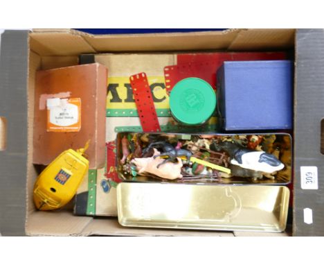 A mixed collection oof items to include: Boxed Meccano Set 5, Sutcliffe Tinplate Model Boat, Plastic Animals, Ensign E29 Blue