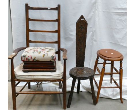 An old ladder back country chair: Victorian stool, craved hall chair and a Victorian upholstered foot stool (4)