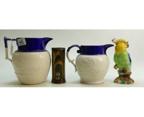 Two graduating jug with fox hunting scenes: together with Jennens &amp; Betridge vase (cracked) and a model of a cockatoo (4)