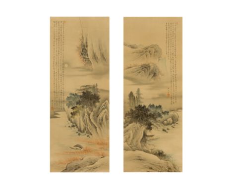 After Tanomura Chikuden (1777-1835) A pair of Japanese paintings, ink and colour on silk, mounted as hanging scroll, depictin