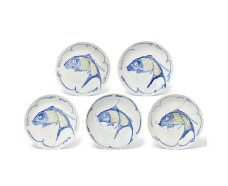 Five provincial Chinese underglaze blue and green enamel 'fish' dishesLate Qing dynasty/Republic periodEach painted in underg