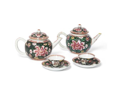 PLEASE NOTE THAT THE ESTIMATE HAS BEEN CHANGEDTwo Chinese famille rose black ground 'chicken' tea setsQing dynasty, 18th cent