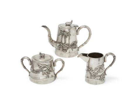 A Chinese silver three-piece tea setLate Qing dynasty/Republic period, LH, quan, 90, De ji marks to baseComprising: a teapot 