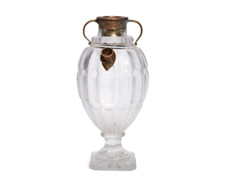 To Be Sold With No ReserveA copper-mounted cut glass huqqa base, possibly European, 19th century, of baluster form, on a squa