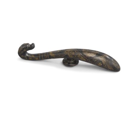 A Chinese gold and silver-inlaid bronze belt hookEastern Zhou dynasty, Warring States periodWith chilong head and reverse cir
