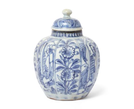 A Chinese blue and white 'pencil drawn' lobed jar and associated coverMing dynasty, 17th centuryPainted with alternating pane