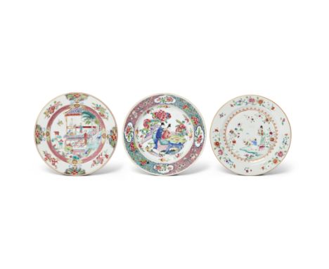 Three Chinese famille rose export platesQing dynasty, Yongzheng-Qianlong periodComprising two deep dishes with narrative scen