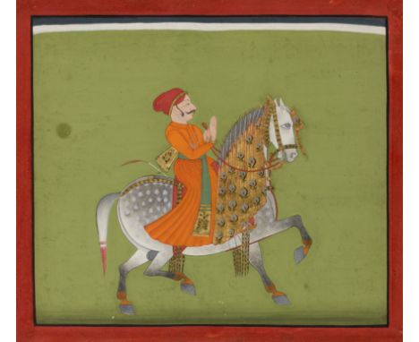 An equestrian portrait of a ruler,Mewar, North India, 19th century,opaque pigments on paper heightened with gold on paper, fa