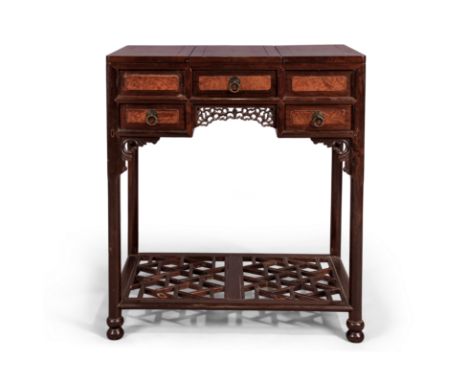 A Chinese jichimu and burrwood dressing tableRepublic periodThe rectangular top with central folding mirror flanked by two fl