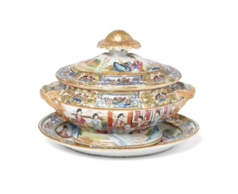 A Chinese 'Canton' famille rose tureen, cover, and standQing dynasty, 18th/19th centuryFinely enamelled and gilt with domesti