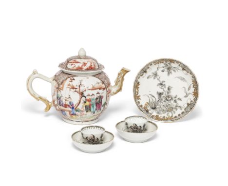 Five Chinese grisaille-enamelled export vessels and a famille rose 'Mandarin pattern' teapot and coverQing dynasty, Qianlong 