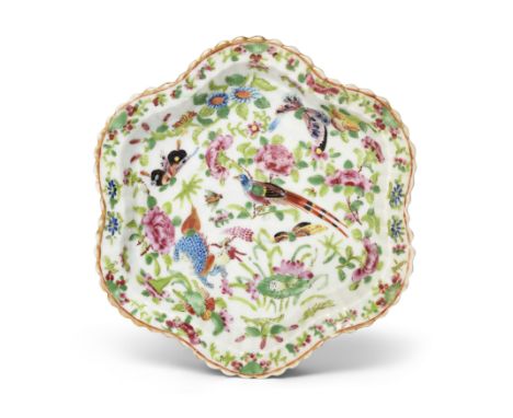 A Chinese 'Canton' famille rose foliate dishQing dynasty, 19th centuryTypically enamelled with birds and flowers on a white g