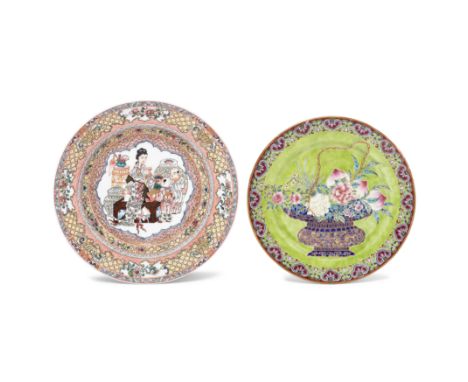 Two Chinese famille rose plates20th centuryComprising a Yongzheng-style ruby back deep dish, 20.8cm diameter; and a plate wit