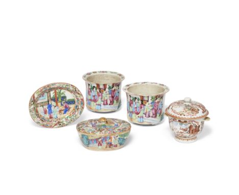 A Chinese famille rose and rouge-de-fer tureen and cover and three Chinese 'Canton' famille rose vesselsQing dynasty, 18th-19