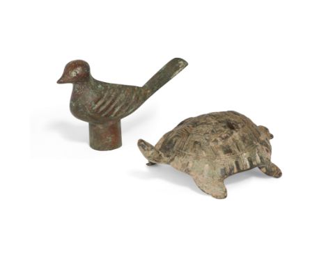 A Chinese bronze 'bird' pole finial and a bronze base in the shape of a tortoiseMing dynastyThe first, cast in the Han style 