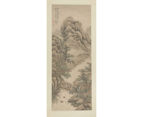 A Chinese landscape paintingCirca 20th centuryPainted with ink and colour on paper, mounted as hanging scroll, depicting a sc