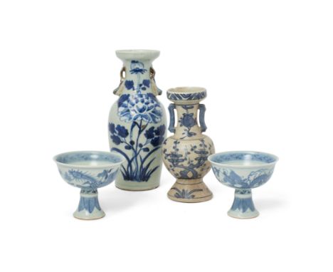 Two Chinese blue and white vases and a pair of stem cups Yuan dynasty - 20th centuryComprising a 19th century twin handled ce