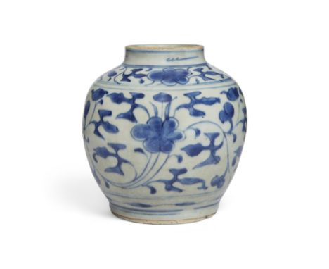 A Chinese blue and white 'floral' jarMing dynasty, 16th/17th centuryPainted around the body with a bold floral scroll, the ba