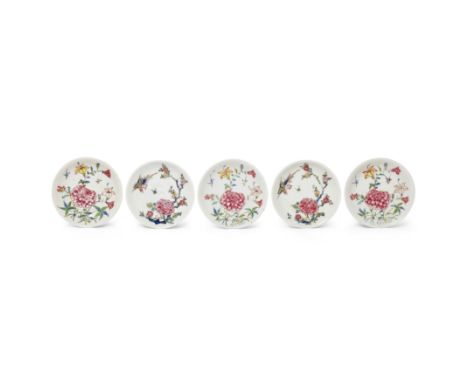 Five Chinese famille rose 'birds and flowers' saucersQing dynasty, Yongzheng/Qianlong periodEach finely enamelled with a long