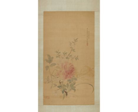 A Chinese painting of peonies20th centuryPainted with ink and colour on silk, mounted as hanging scroll, depicting blossoming