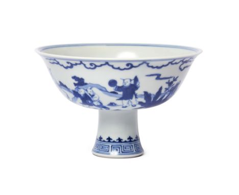 A Chinese Ming-style blue and white 'boys' stem bowl20th century, apocryphal Chenghua markThe shallow vessel painted with the