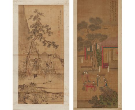 Two Chinese paintings20th centuryInk and colour on silk, mounted as hanging scroll, imitating painting of Wu Daozi, signed Sh