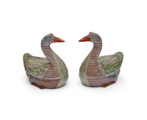 A pair of Chinese famille rose 'geese' tureenMid 20th centuryEach naturalistically modelled, with curving neck supporting the