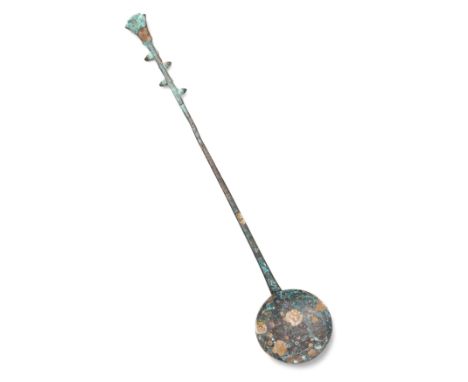 A Chinese bronze archaistic model of a 'moon lute', yue qin20th centuryCast with slender shaft terminating in a shell-shaped 