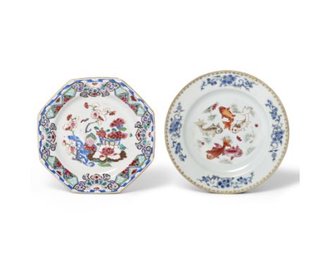 Two Chinese famille rose export platesQing dynasty, Yongzheng-Qianlong periodComprising: an hexagonal plate with herons and p
