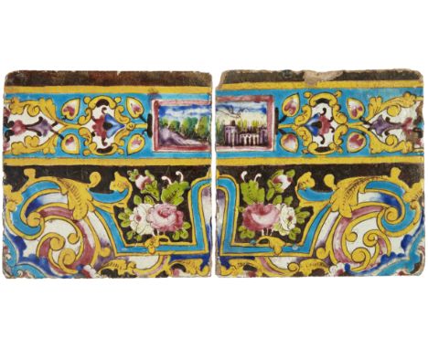 To Be Sold With No ReserveTwo Qajar polychrome decorated pottery tiles,Iran, 19th century,each approx. 23 x 24cm. (2) Conditi