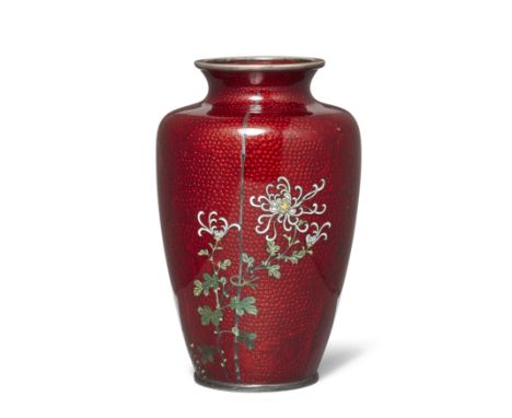 A small Japanese ginbari and cloisonné-enamel 'chrysanthemum' vaseAndo Company, Taisho periodFinely decorated with two flower