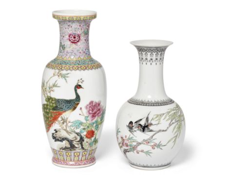 Two Chinese famille rose 'birds and flowers' vases20th centuryThe first enamelled with a peacock amongst peonies, the reverse