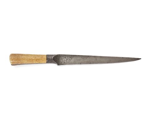 A walrus Ivory hilted watered-steel dagger (kard), Safavid Iran, 17th-18th century, the straight steel blade intricately engr