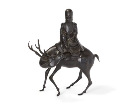 A Chinese bronze 'Shoulao and deer' incense burner17th centuryHolding a flask in the left hand, the God of Longevity seated s