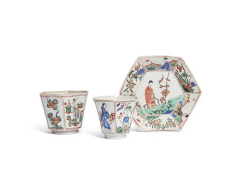 A Chinese famille verte hexagonal cup and a 'G' cup and saucerQing dynasty, Kangxi periodThe matching cup and saucer with alt