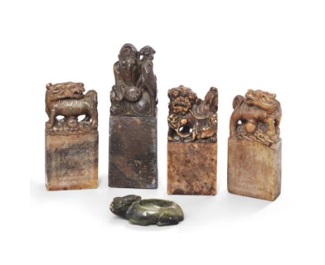 Four Chinese soapstone seals and a hardstone 'rabbit' waterpotLate Qing dynasty/Republic periodThe seals all of rectangular s