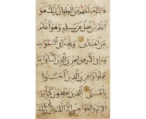 To Be Sold With No ReserveTwo calligraphic folios from a Qur'an, Iran, 14th century, Arabic manuscript on paper, with 7ll. of