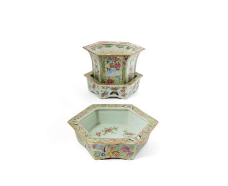 A Chinese canton famille rose planter set and a standQing dynasty, mid 19th centuryThe set comprising a jardinière and stand 