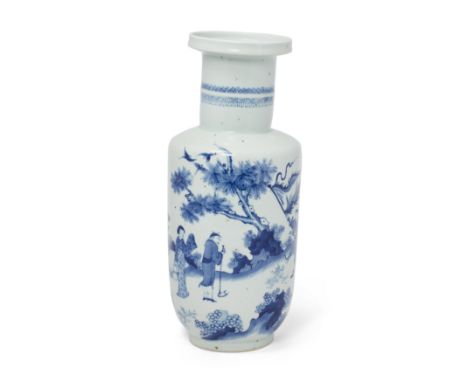 A Chinese blue and white rouleau vaseLate Qing dynastyPainted in underglaze blue with an elegant lady and her attendant greet