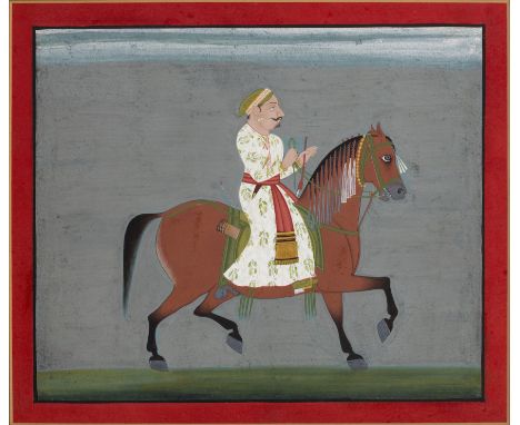 An equestrian portrait of a ruler,Mewar, North India, 19th century,opaque pigments on paper heightened with gold on paper, fa