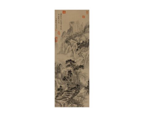 Chinese school, 20th century'Landscape with waterfall and pine'Ink on paper, signed Qingping with a seal of the artist, and o