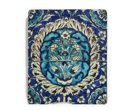 Two Rectangular Damascus Style Pottery Tiles, Syria, 19th century, forming an underglaze painted foliated roundel enclosing a