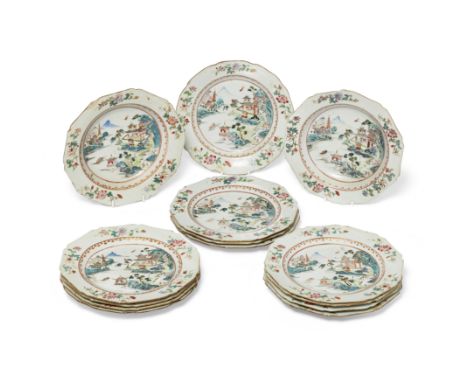 A set of twelve Chinese famille rose 'landscape' plates and two deep dishes of the same designQing dynasty, Qianlong periodEa