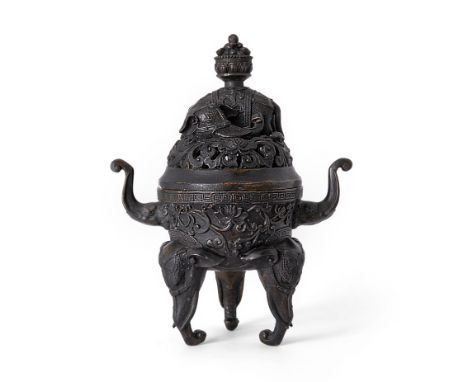 A Chinese bronze 'elephant' tripod incense burner and coverLate Qing dynasty/Republic period, apocryphal Qianlong four-charac