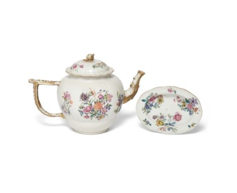 A Chinese export soft paste famille rose 'floral' teapot and cover, with a spoon tray of similar patternQing dynasty, 18th ce