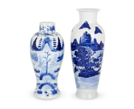 Two Chinese blue and white 'landscape' baluster vasesQing dynasty, 19th century and later, one with apocryphal Kangxi markCom